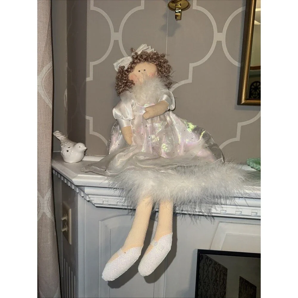 Ballerina Angel shelf Sitter Doll Plush Bean Bag White Glitter Bow Feather Trim